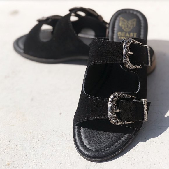 NEW Black Faux Suede Western Metal Buckled Straps Slides Slip On Sandals Shoes - Picture 6 of 12